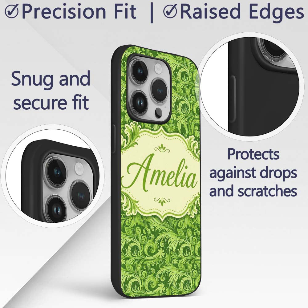 Deep Green Baroque Ornamental Scroll Seamless Custom Name Protective Phone Case Mobile Cover Durable Everyday Smartphone Shock Resistant
