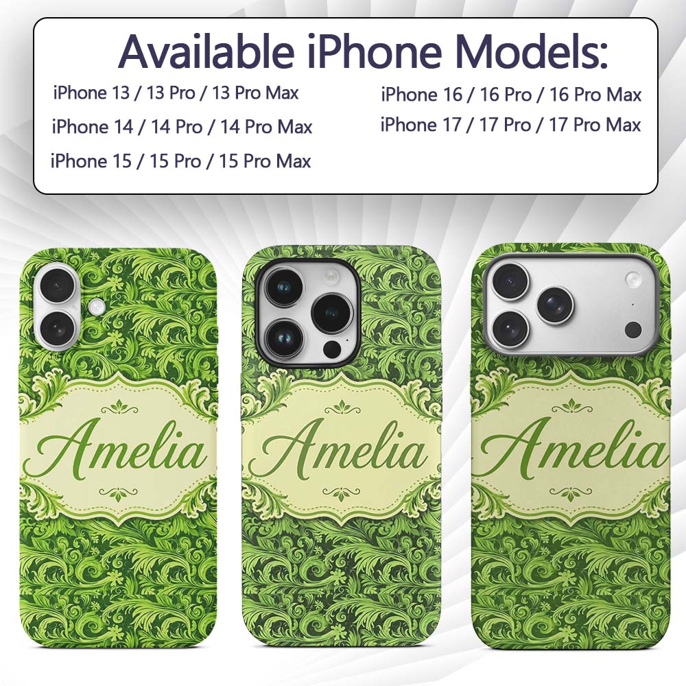 Deep Green Baroque Ornamental Scroll Seamless Custom Name Protective Phone Case Mobile Cover Durable Everyday Smartphone Shock Resistant