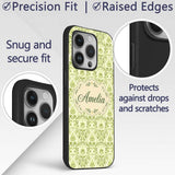 Light Green Vintage Damask Floral Printed Design Custom Name Protective Phone Case Mobile Cover Durable Everyday Smartphone Shock Resistant