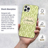 Light Green Vintage Damask Floral Printed Design Custom Name Protective Phone Case Mobile Cover Durable Everyday Smartphone Shock Resistant