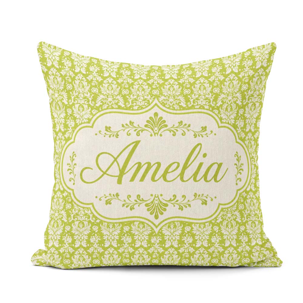 Custom Name Green and White Traditional Damask Seamless Pattern Square Filled Cushion Throw Pillow Sofa Bed Home Decor Zip Washable UK Made