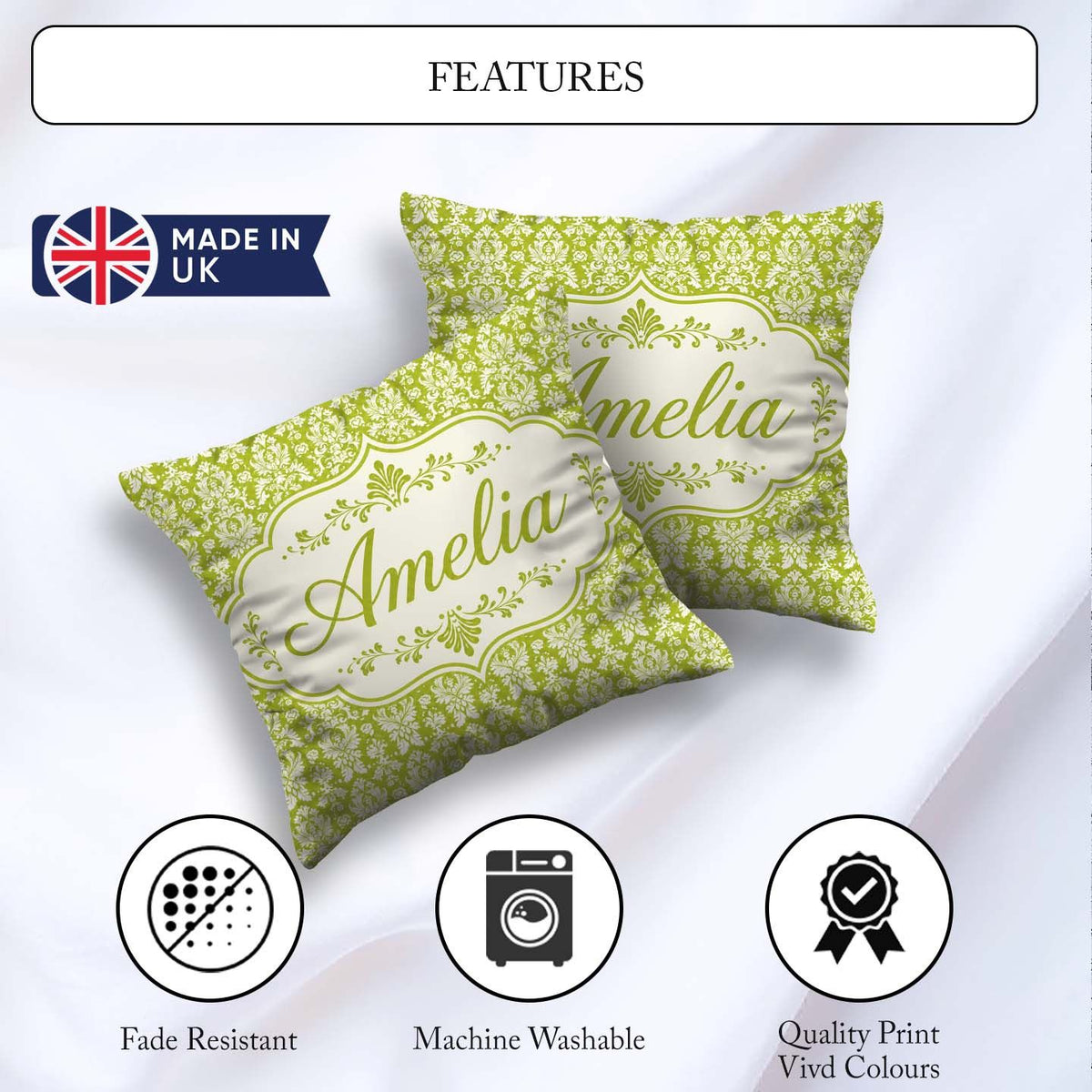 Custom Name Green and White Traditional Damask Seamless Pattern Square Filled Cushion Throw Pillow Sofa Bed Home Decor Zip Washable UK Made