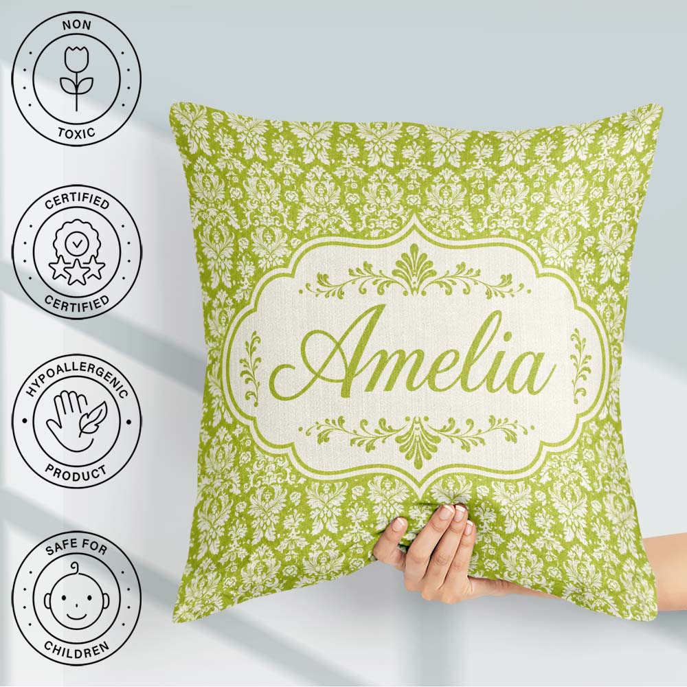 Custom Name Green and White Traditional Damask Seamless Pattern Square Filled Cushion Throw Pillow Sofa Bed Home Decor Zip Washable UK Made