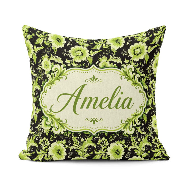 Custom Name Black Green Floral Botanical Seamless Pattern Lovely Square Filled Cushion Throw Pillow Sofa Bed Home Decor Zip Washable UK Made