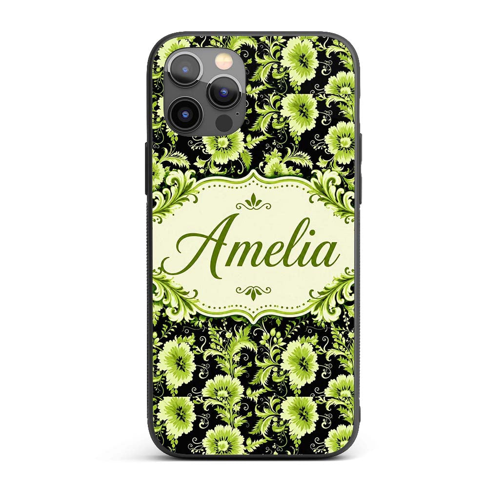 Black Background Green Floral Botanical Seamless Custom Name Protective Phone Case Mobile Cover Durable Everyday Smartphone Shock Resistant