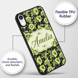Black Background Green Floral Botanical Seamless Custom Name Protective Phone Case Mobile Cover Durable Everyday Smartphone Shock Resistant