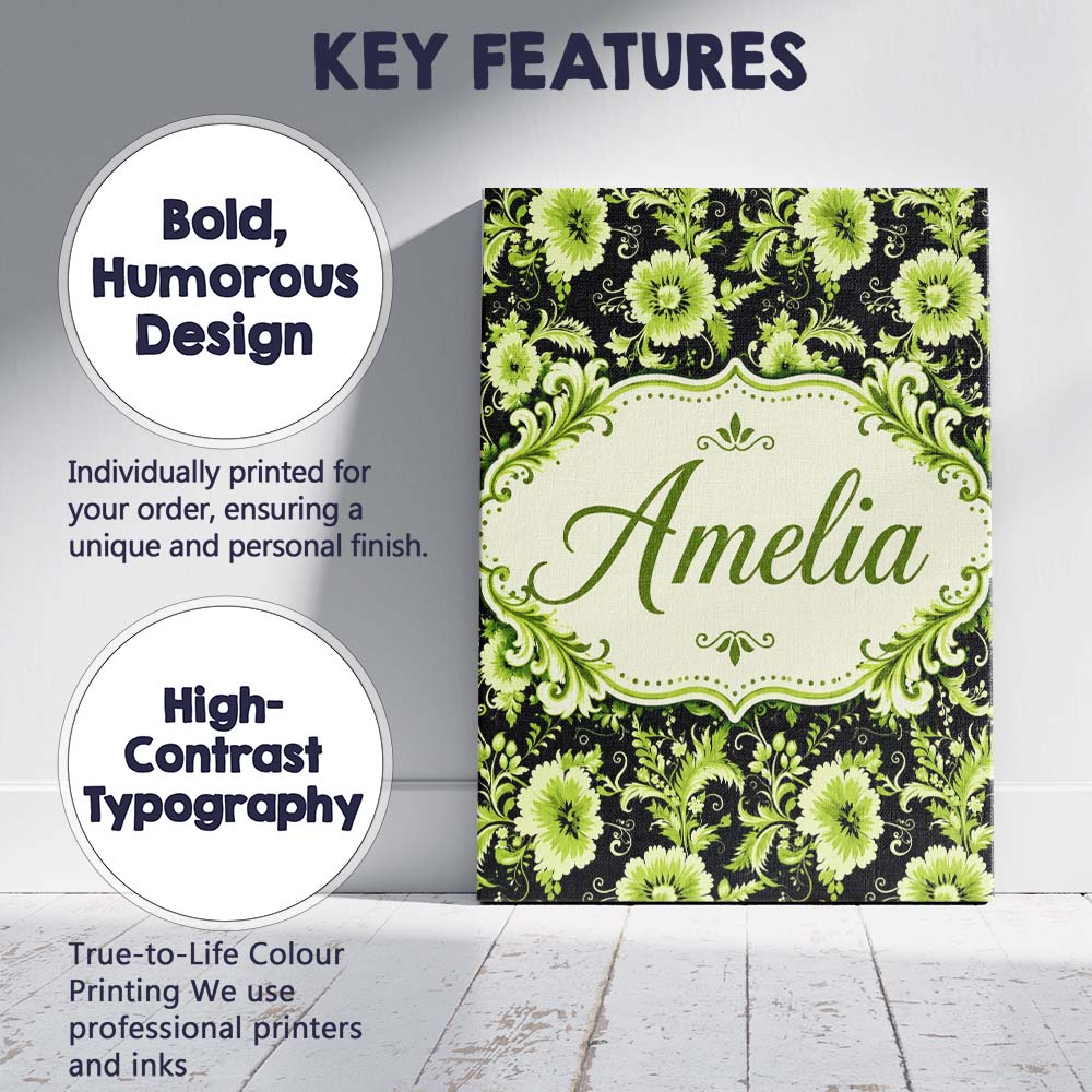 Personalised Name Black Background Green Custom  Unique Gift Idea Elegant Feature Canvas Wall Art Print Decor Picture Ready to Hang