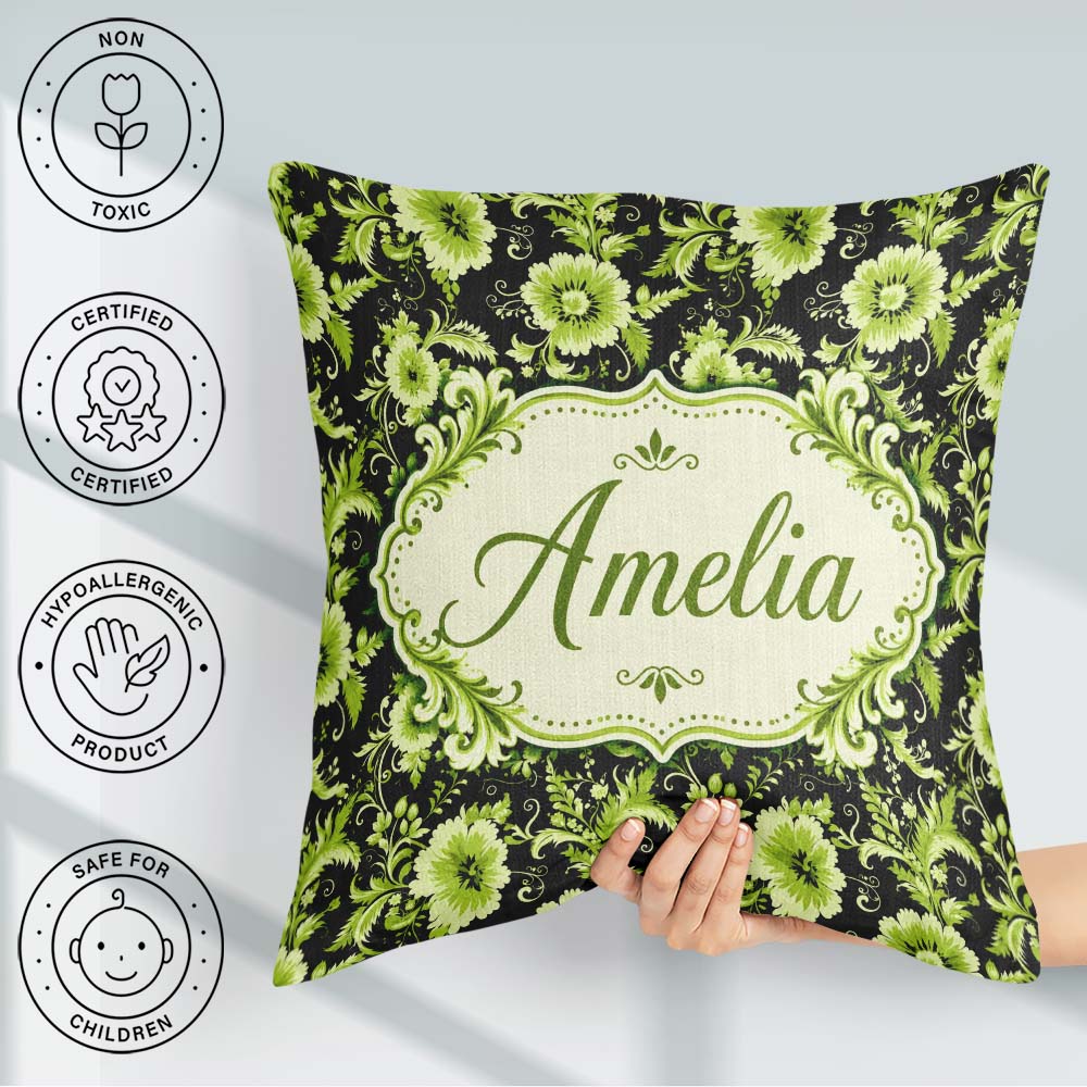 Custom Name Black Green Floral Botanical Seamless Pattern Lovely Square Filled Cushion Throw Pillow Sofa Bed Home Decor Zip Washable UK Made