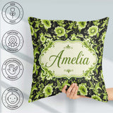 Custom Name Black Green Floral Botanical Seamless Pattern Lovely Square Filled Cushion Throw Pillow Sofa Bed Home Decor Zip Washable UK Made