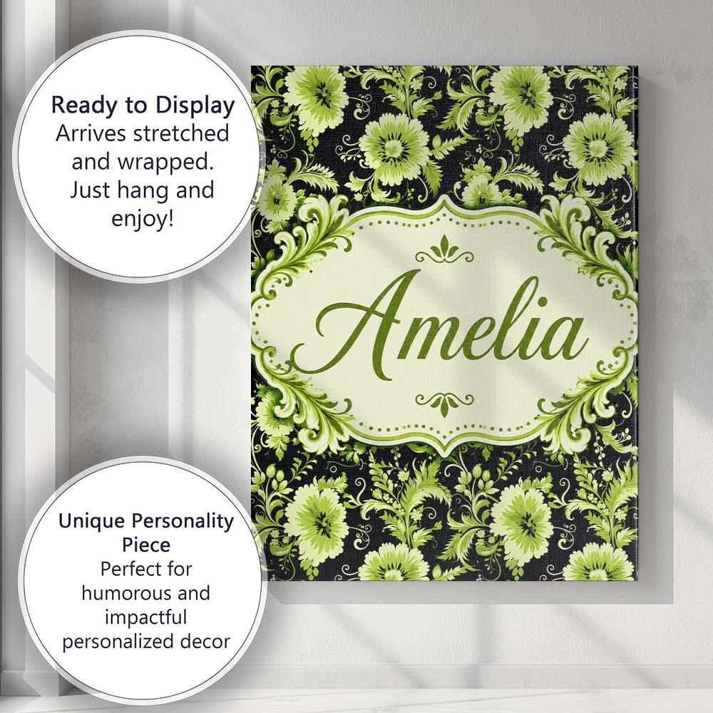 Personalised Name Black Background Green Custom  Unique Gift Idea Elegant Feature Canvas Wall Art Print Decor Picture Ready to Hang