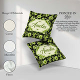 Custom Name Black Green Floral Botanical Seamless Pattern Lovely Square Filled Cushion Throw Pillow Sofa Bed Home Decor Zip Washable UK Made