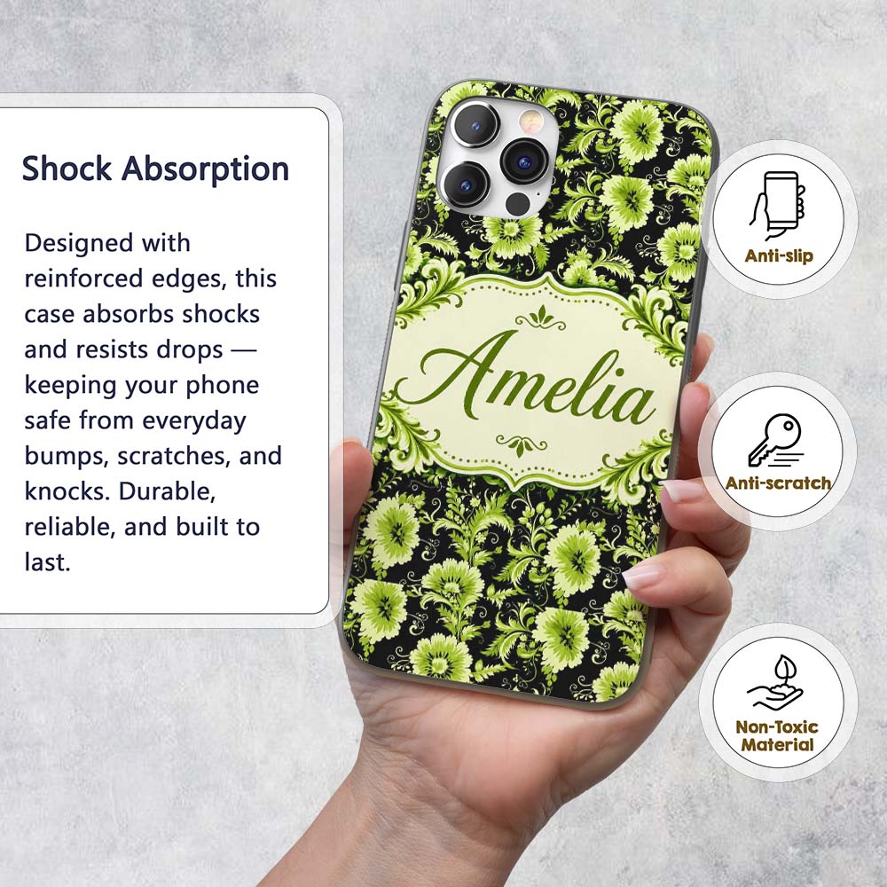 Black Background Green Floral Botanical Seamless Custom Name Protective Phone Case Mobile Cover Durable Everyday Smartphone Shock Resistant