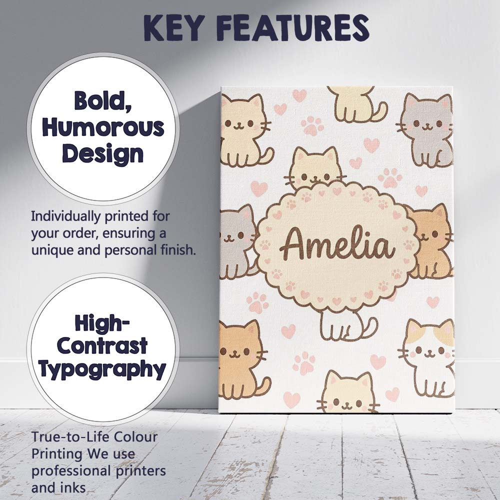 Personalised Name Cute Kitten Hearts Cartoon Animal Pattern Charming Custom  Home Canvas Wall Art Print Decor Picture Ready to Hang