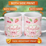 Personalized Custom Name Cute Strawberry Cherry Ribbon Bow Sweet Dessert Pattern Soft Pink 11oz Ceramic Coffee Tea Mug White Large Handle