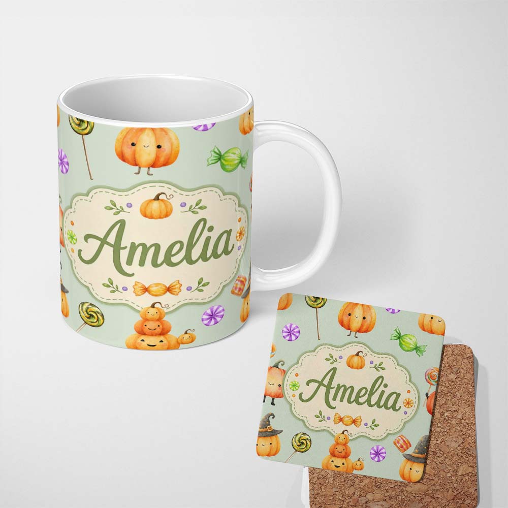 Personalized Custom Name Cute Halloween Pumpkin Candy Characters Sage Background Seamless 11oz Ceramic Coffee Tea Mug White Large Handle