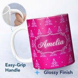 Personalized Custom Name Bright Pink Christmas Trees Star Glow Festive Seamless Pattern 11oz Ceramic Coffee Tea Mug White Large Handle