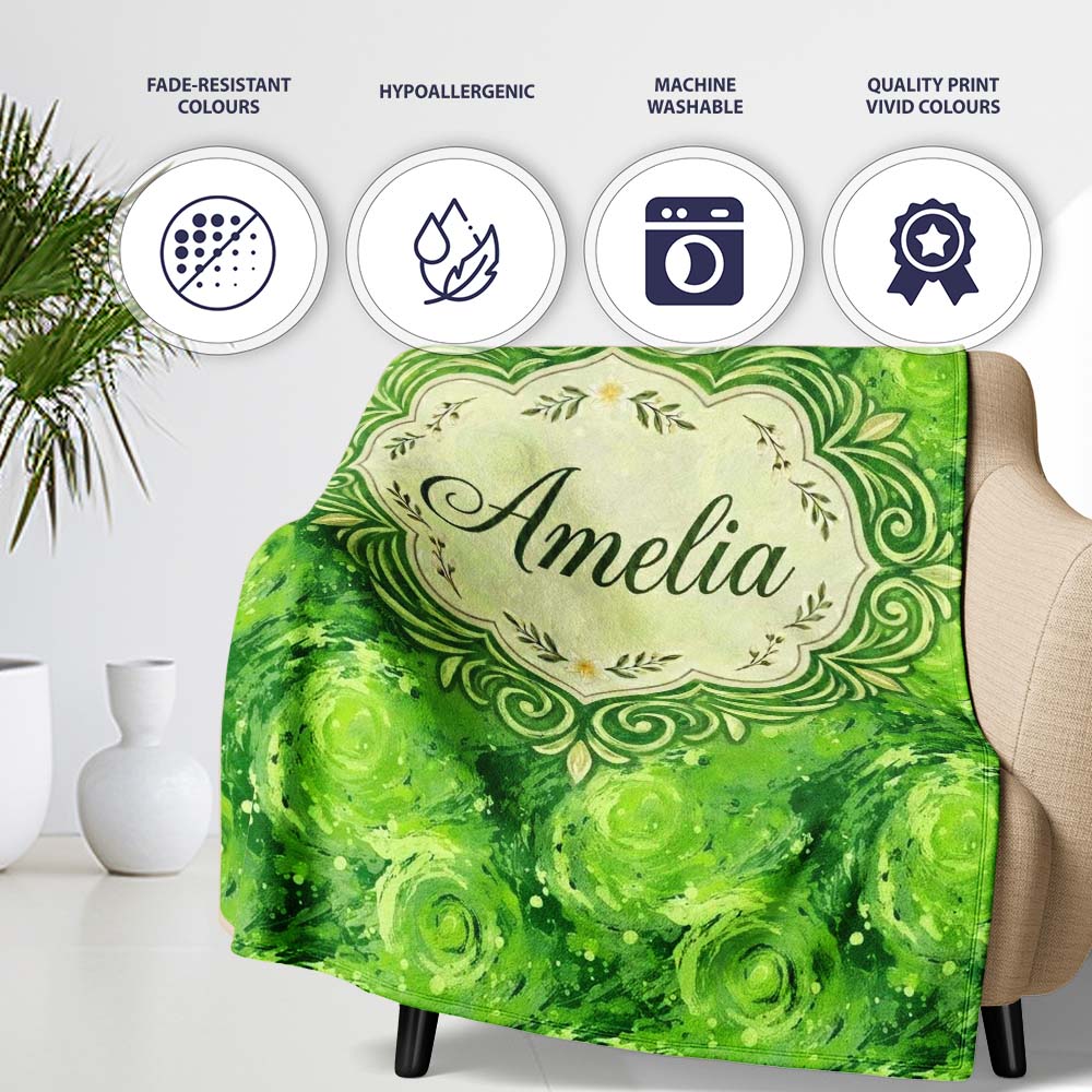 Abstract Green Swirl Painterly Seamless Pattern Thoughtful Gift Idea  Personalised Custom Name Super Soft Fleece Blanket Bed Sofa Throw