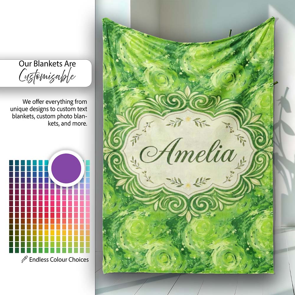 Abstract Green Swirl Painterly Seamless Pattern Thoughtful Gift Idea  Personalised Custom Name Super Soft Fleece Blanket Bed Sofa Throw