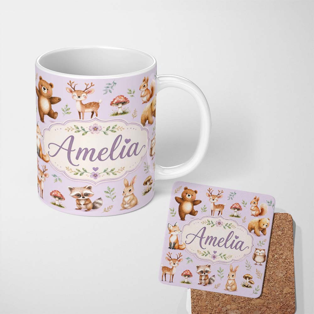 Personalized Custom Name Forest Animals Deer Bear Fox Owl Raccoon on Soft Lavender Seamless 11oz Ceramic Coffee Tea Mug White Large Handle