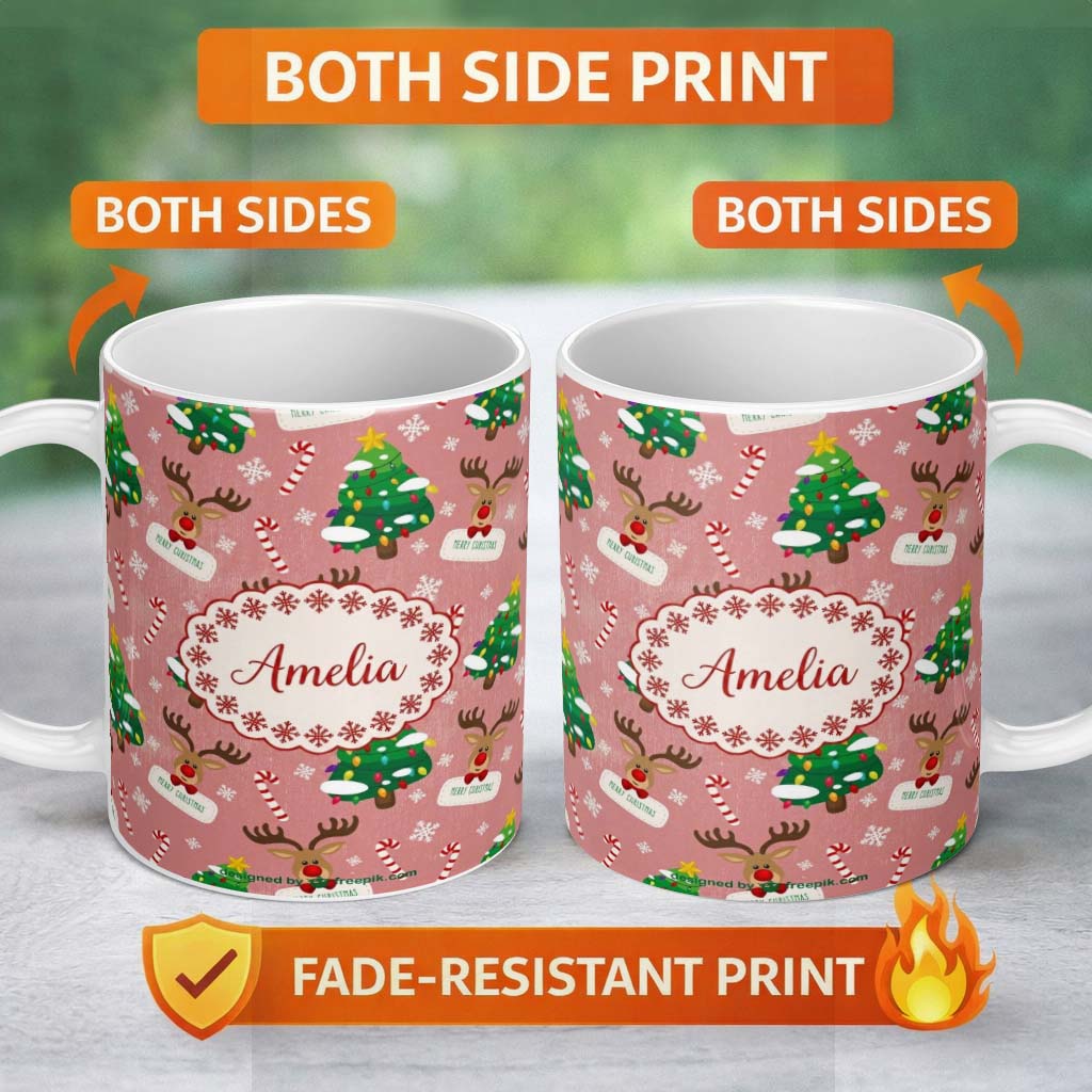 Personalized Custom Name Cute Reindeer Christmas Tree Candy Cane Merry Holiday Seamless 11oz Ceramic Coffee Tea Mug White Large Handle