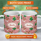 Personalized Custom Name Cute Reindeer Christmas Tree Candy Cane Merry Holiday Seamless 11oz Ceramic Coffee Tea Mug White Large Handle