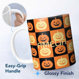 Personalized Custom Name Halloween Pumpkin Faces Orange and Black Checkerboard Seamless 11oz Ceramic Coffee Tea Mug White Large Handle