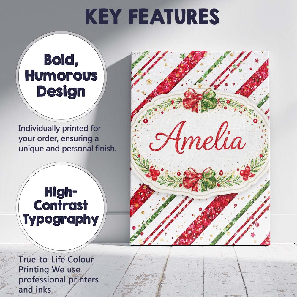 Personalised Name Red Green Glitter Stripe Christmas Pattern Festive Custom  Home Canvas Wall Art Print Decor Picture Ready to Hang