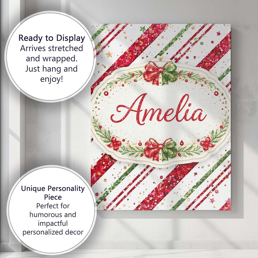 Personalised Name Red Green Glitter Stripe Christmas Pattern Festive Custom  Home Canvas Wall Art Print Decor Picture Ready to Hang