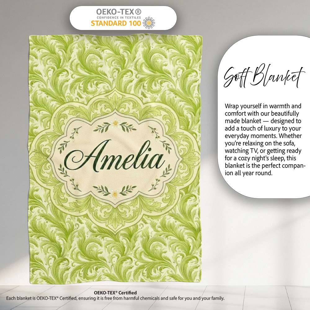 Green Abstract Spiral Brushstroke Seamless Pattern Cute Unique Gift  Personalised Custom Name Super Soft Fleece Blanket Bed Sofa Throw