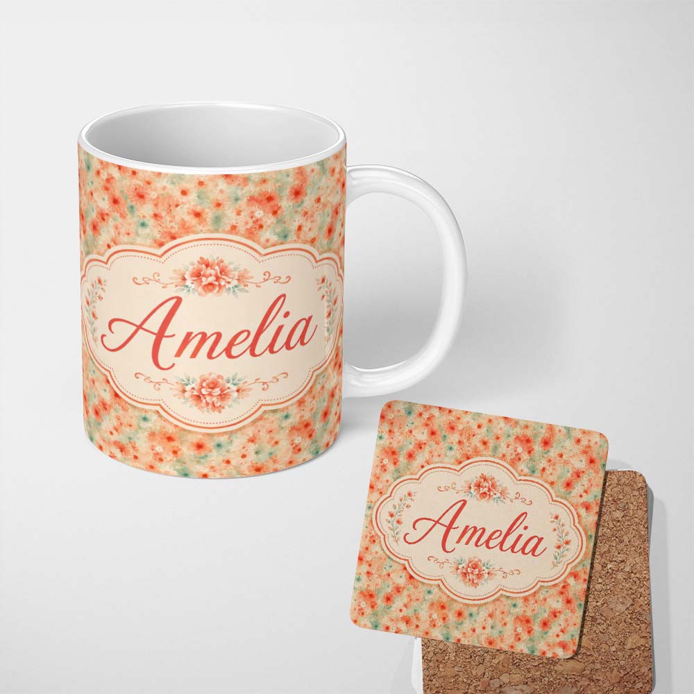 Personalized Custom Name Soft Watercolour Coral Daisy Floral Seamless Pattern on Light Pastel 11oz Ceramic Coffee Tea Mug White Large Handle