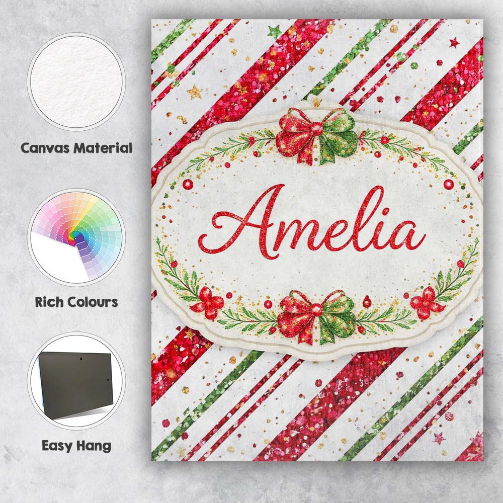 Personalised Name Red Green Glitter Stripe Christmas Pattern Festive Custom  Home Canvas Wall Art Print Decor Picture Ready to Hang