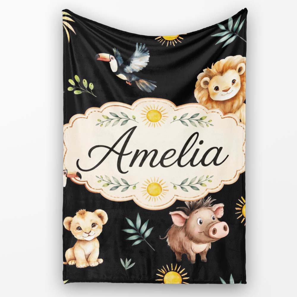 Cute Safari Animals Lion Meerkat Toucan Black Seamless Pattern  Personalised Custom Name Super Soft Fleece Blanket Bed Sofa Throw