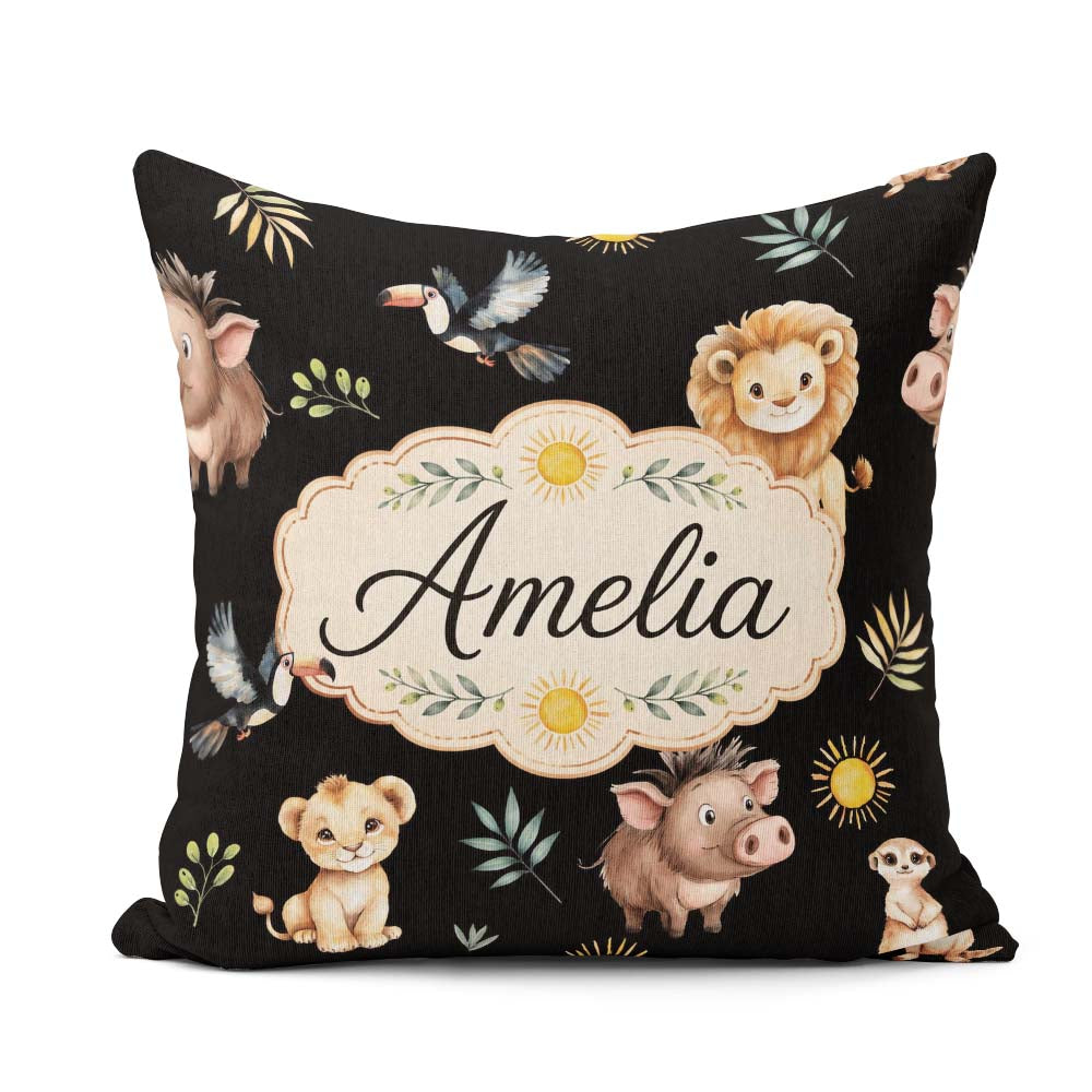 Custom Name Safari Animals Meerkat Toucan Black Seamless Pattern Square Filled Cushion Throw Pillow Sofa Bed Home Decor Zip Washable UK Made