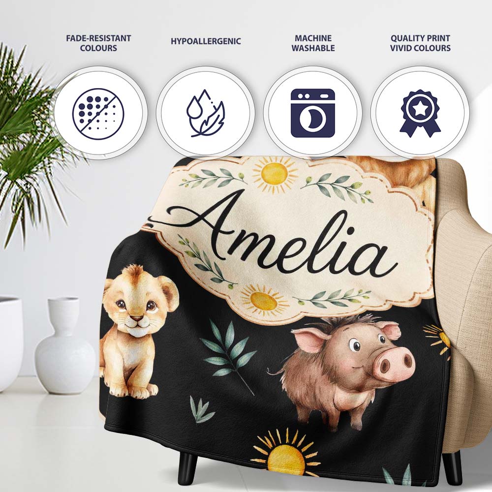 Cute Safari Animals Lion Meerkat Toucan Black Seamless Pattern  Personalised Custom Name Super Soft Fleece Blanket Bed Sofa Throw