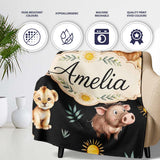 Cute Safari Animals Lion Meerkat Toucan Black Seamless Pattern  Personalised Custom Name Super Soft Fleece Blanket Bed Sofa Throw