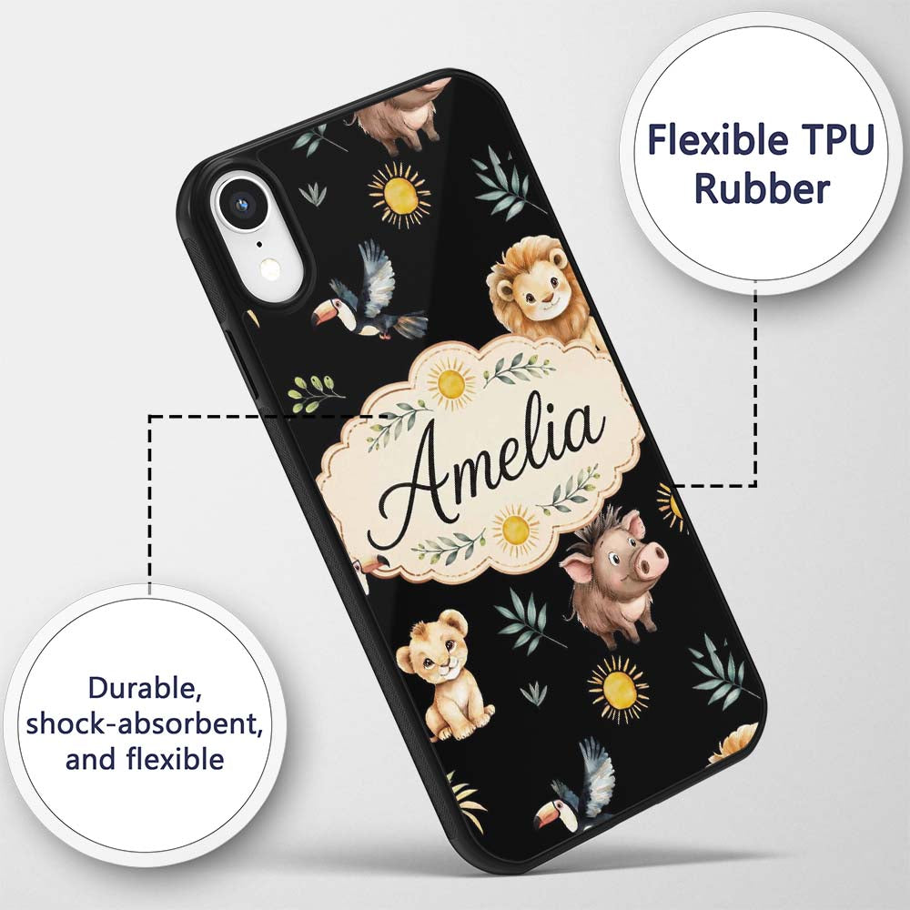 Cute Safari Animals Lion Meerkat Toucan Black Custom Name Protective Phone Case Mobile Cover Durable Everyday Smartphone Shock Resistant
