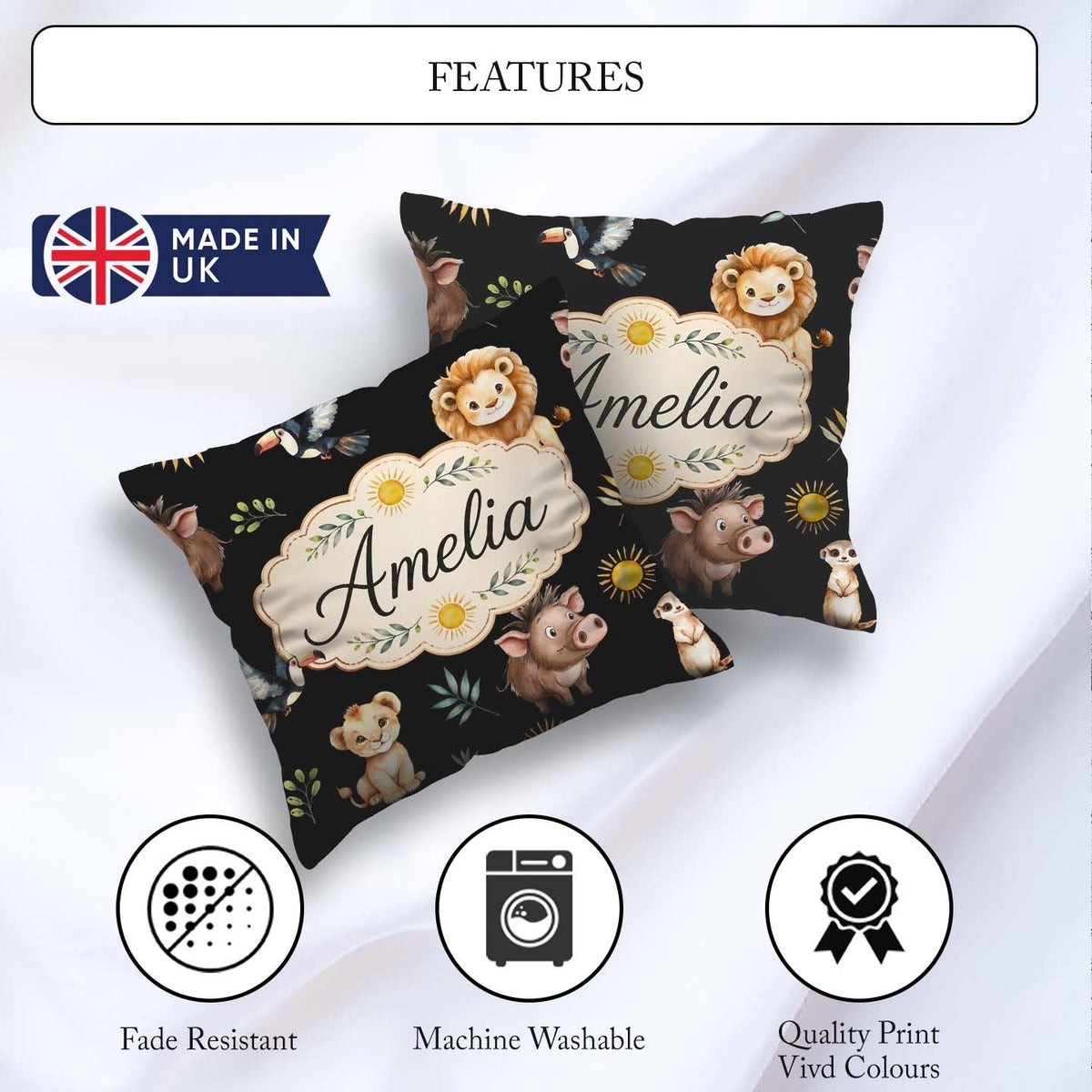Custom Name Safari Animals Meerkat Toucan Black Seamless Pattern Square Filled Cushion Throw Pillow Sofa Bed Home Decor Zip Washable UK Made