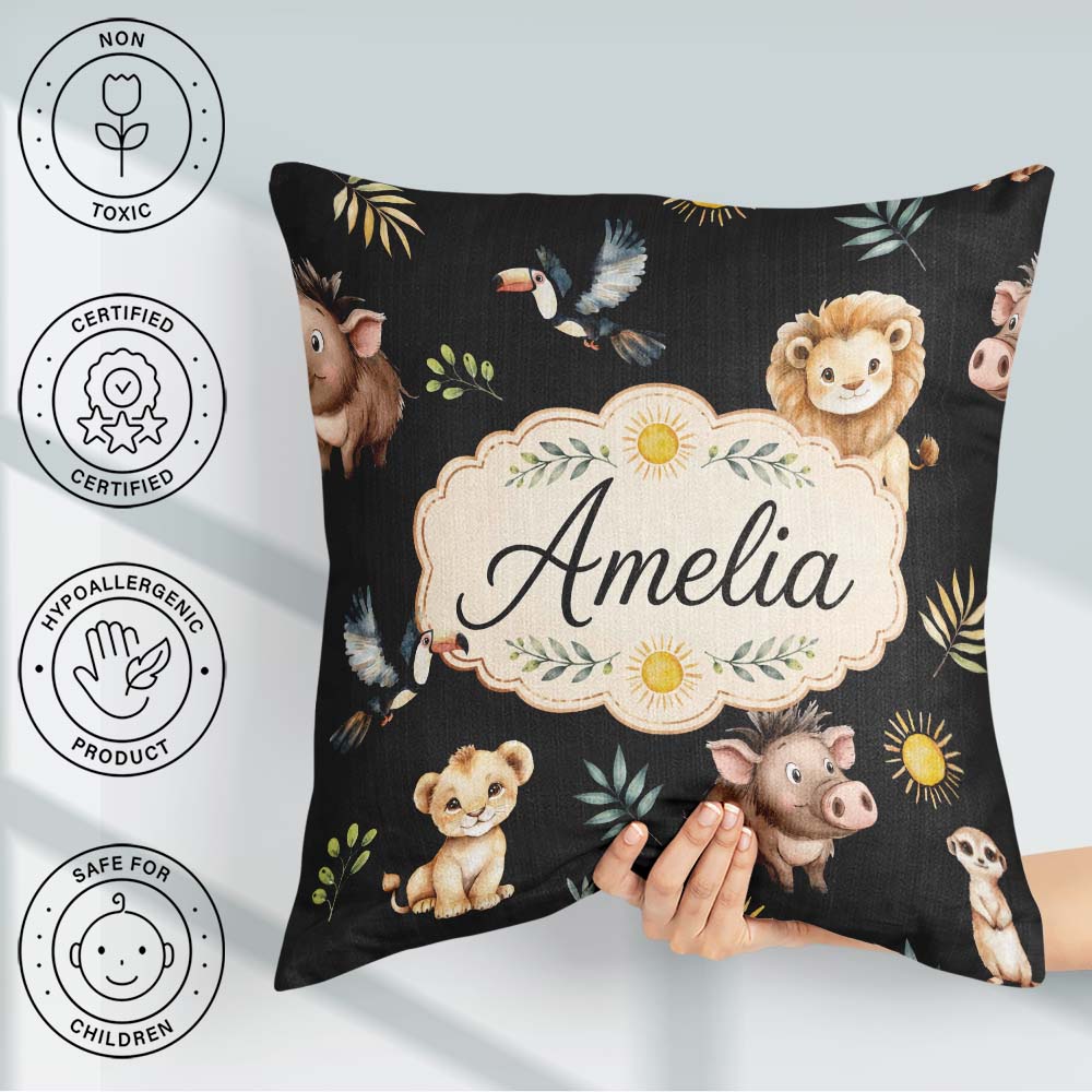 Custom Name Safari Animals Meerkat Toucan Black Seamless Pattern Square Filled Cushion Throw Pillow Sofa Bed Home Decor Zip Washable UK Made