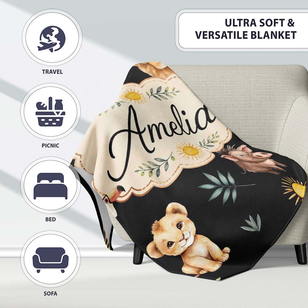 Cute Safari Animals Lion Meerkat Toucan Black Seamless Pattern  Personalised Custom Name Super Soft Fleece Blanket Bed Sofa Throw