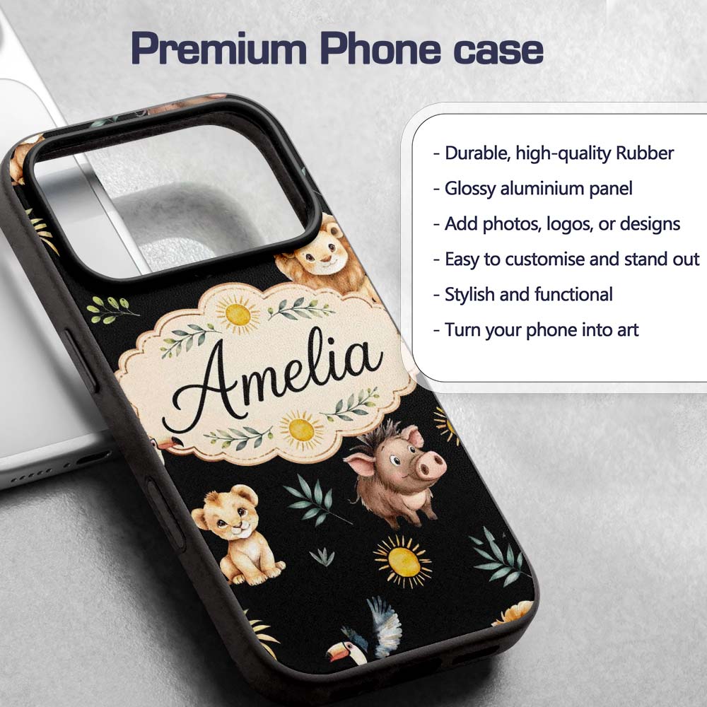 Cute Safari Animals Lion Meerkat Toucan Black Custom Name Protective Phone Case Mobile Cover Durable Everyday Smartphone Shock Resistant