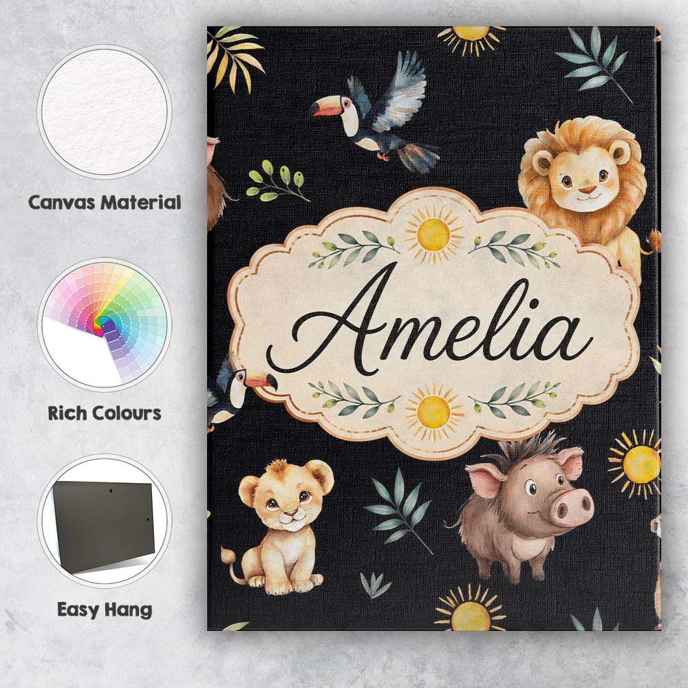 Personalised Name Cute Safari Animals Lion Custom  Unique Gift Idea Elegant Feature Canvas Wall Art Print Decor Picture Ready to Hang