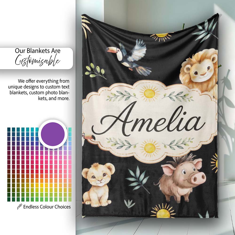 Cute Safari Animals Lion Meerkat Toucan Black Seamless Pattern  Personalised Custom Name Super Soft Fleece Blanket Bed Sofa Throw