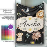 Cute Safari Animals Lion Meerkat Toucan Black Seamless Pattern  Personalised Custom Name Super Soft Fleece Blanket Bed Sofa Throw