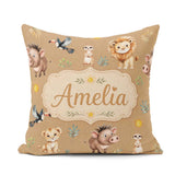 Custom Name Safari Animals Lion Meerkat Neutral Seamless Pattern Square Filled Cushion Throw Pillow Sofa Bed Home Decor Zip Washable UK Made