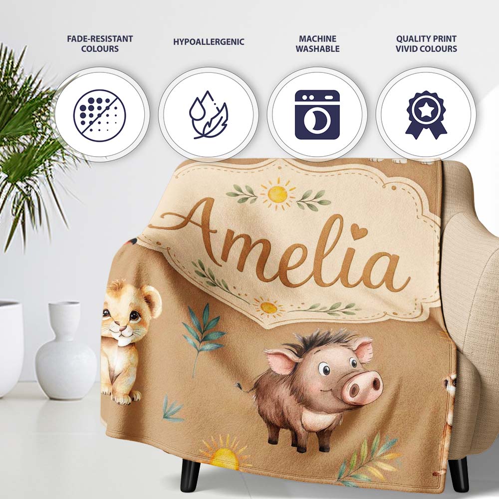 Cute Safari Animals Lion Meerkat Toucan Neutral Seamless Pattern  Personalised Custom Name Super Soft Fleece Blanket Bed Sofa Throw