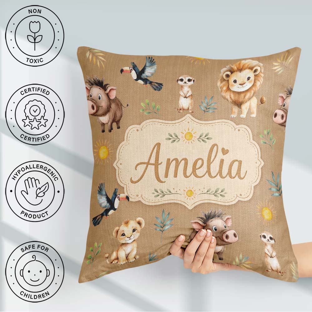 Custom Name Safari Animals Lion Meerkat Neutral Seamless Pattern Square Filled Cushion Throw Pillow Sofa Bed Home Decor Zip Washable UK Made