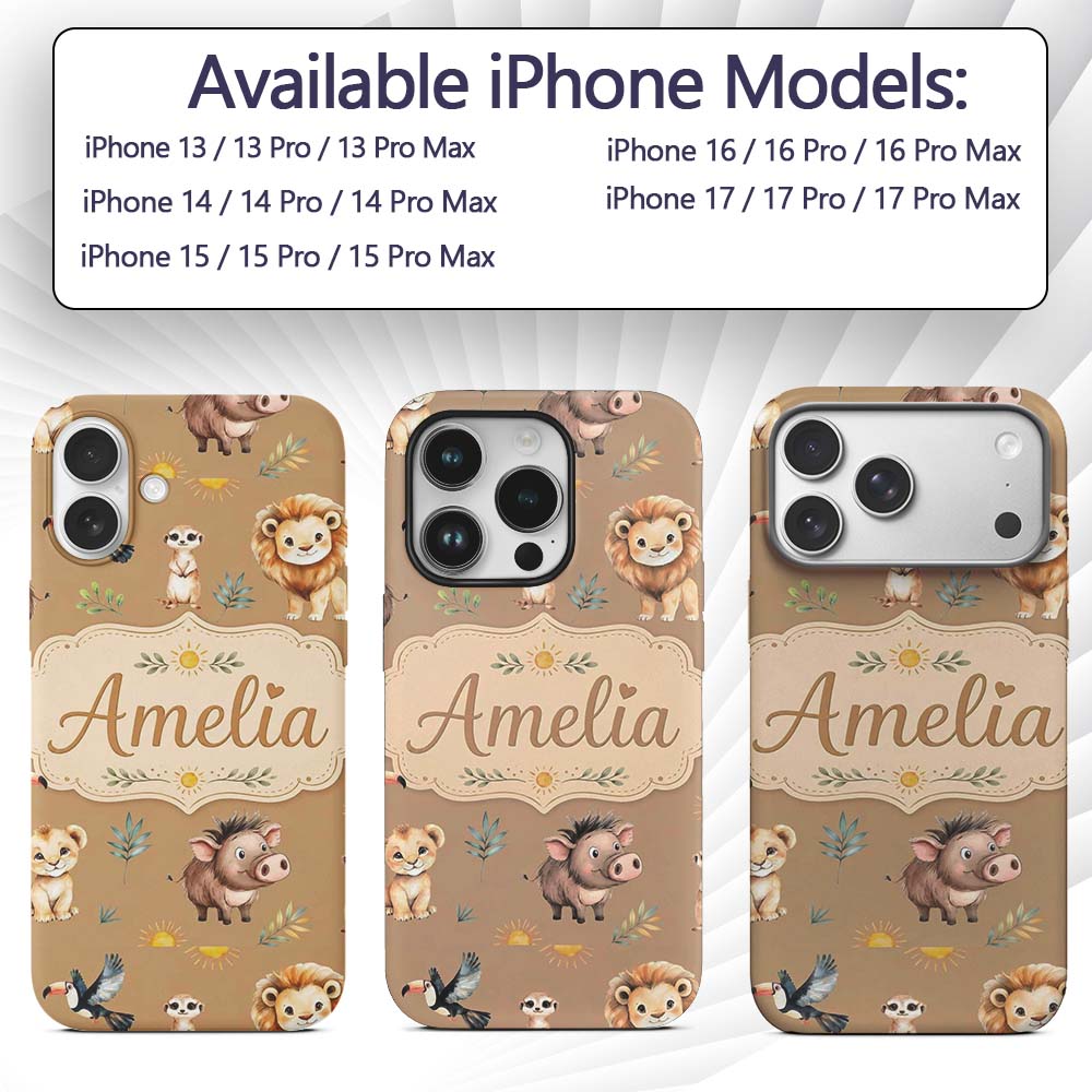 Cute Safari Animals Lion Meerkat Toucan Neutral Custom Name Protective Phone Case Mobile Cover Durable Everyday Smartphone Shock Resistant