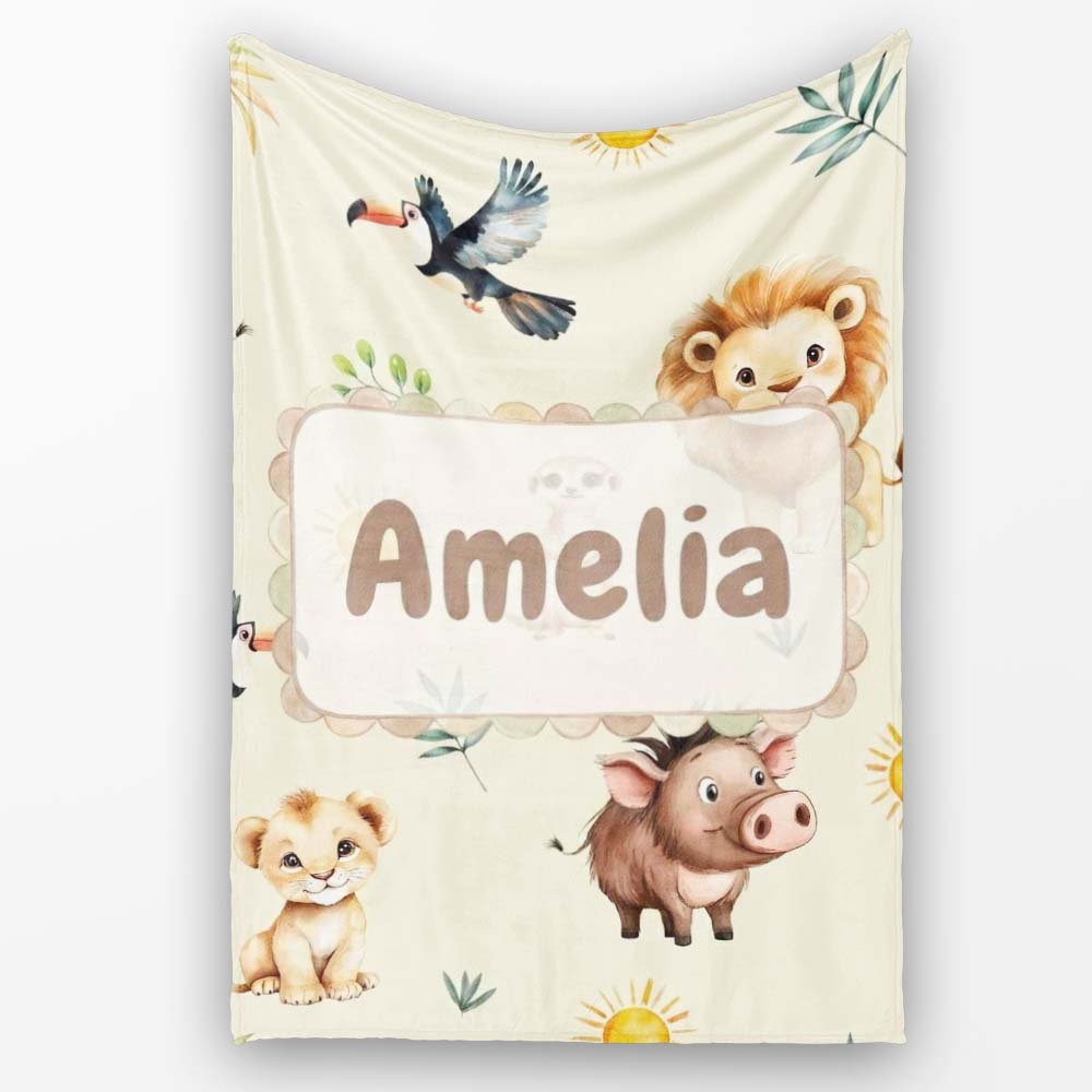 Cute Safari Animal Lion Meerkat Toucan and Warthog with Sun and  Personalised Custom Name Super Soft Fleece Blanket Bed Sofa Throw