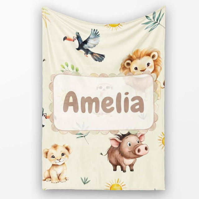 Cute Safari Animal Lion Meerkat Toucan and Warthog with Sun and  Personalised Custom Name Super Soft Fleece Blanket Bed Sofa Throw