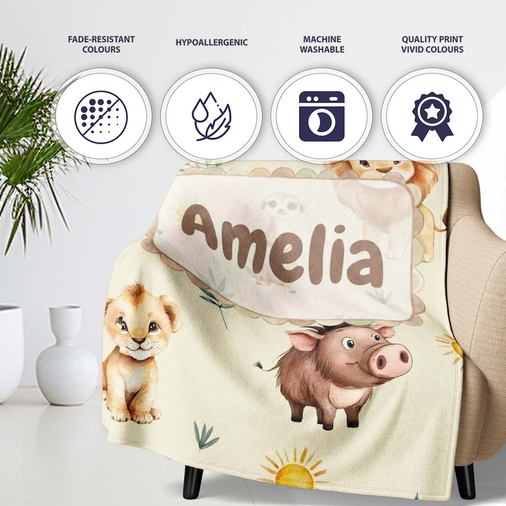 Cute Safari Animal Lion Meerkat Toucan and Warthog with Sun and  Personalised Custom Name Super Soft Fleece Blanket Bed Sofa Throw